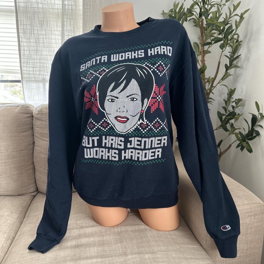 Champion "Santa works hard but kris Jenner works harder" Navy Sweater